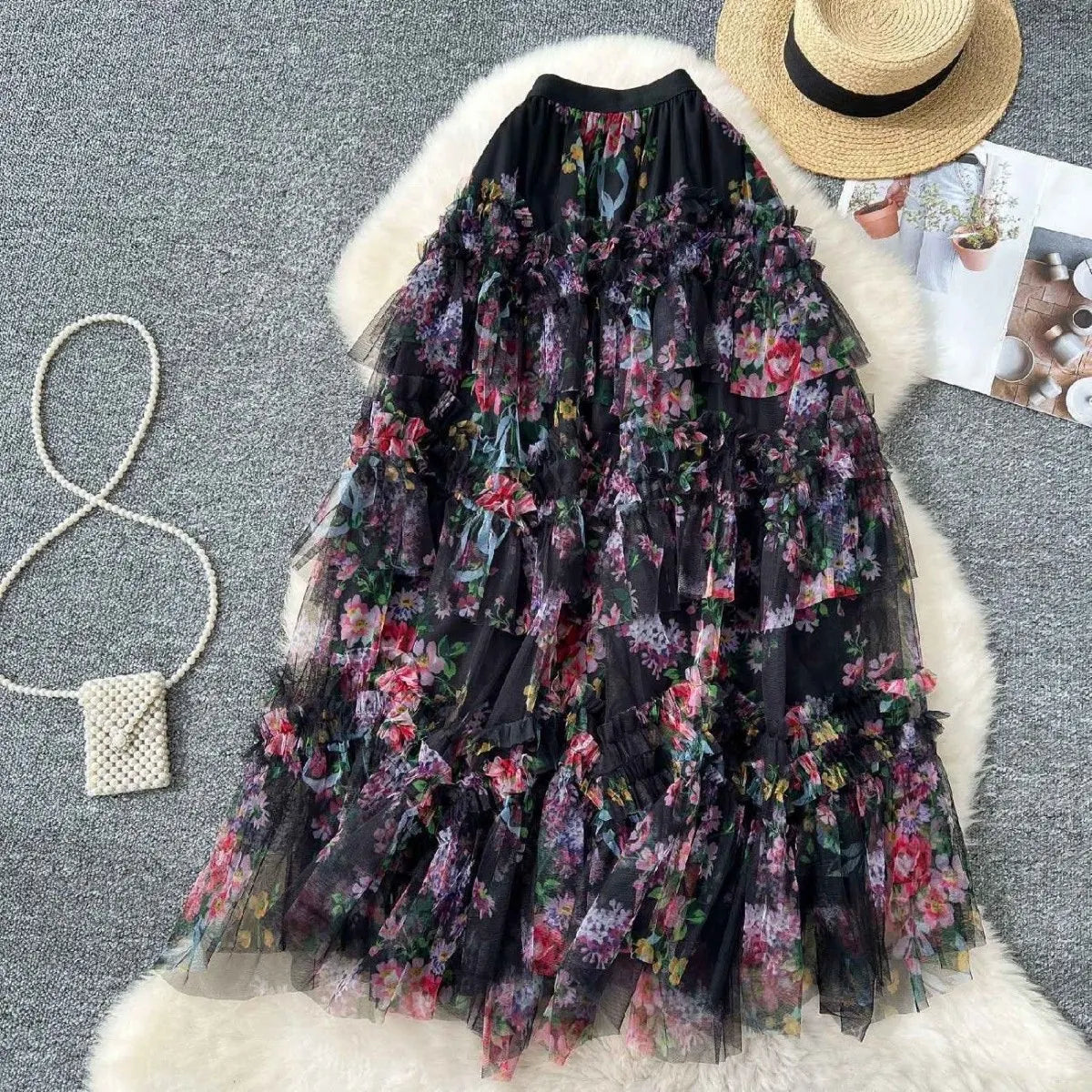 Falda Midi de Malla con Estampado Floral de Cintura Alta Estilo Coreano para Mujer, Falda Hada Abullonada de Fibra de Poliést...