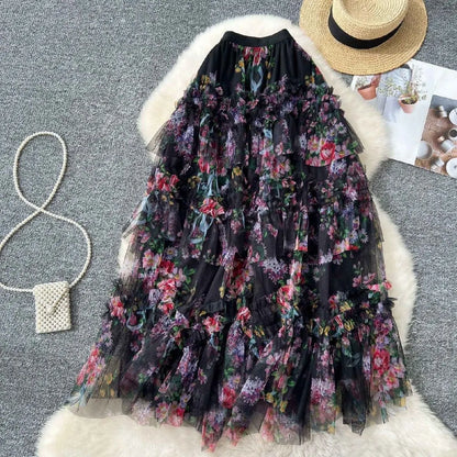 Falda Midi de Malla con Estampado Floral de Cintura Alta Estilo Coreano para Mujer, Falda Hada Abullonada de Fibra de Poliést...