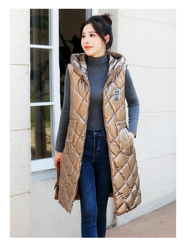 Chaleco de algodón con capucha para mujer, ajustado, de longitud media, sin lavado, superficie brillante, a la moda, versátil...
