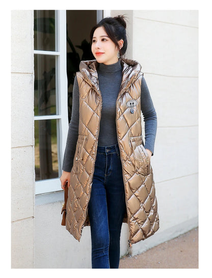 Chaleco de algodón con capucha para mujer, ajustado, de longitud media, sin lavado, superficie brillante, a la moda, versátil...