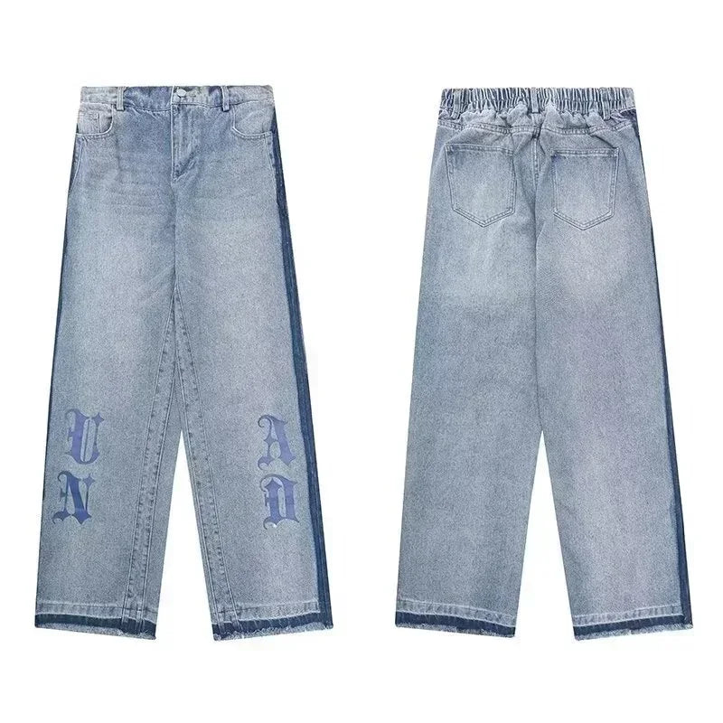 Nuevos pantalones vaqueros holgados azules con estampado de letras góticas Y2K para hombre, ropa de calle Vintage, pantalones vaqueros de pierna recta, pantalones vaqueros holgados de moda Hip Hop