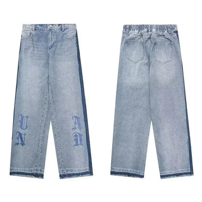Nuevos pantalones vaqueros holgados azules con estampado de letras góticas Y2K para hombre, ropa de calle Vintage, pantalones vaqueros de pierna recta, pantalones vaqueros holgados de moda Hip Hop