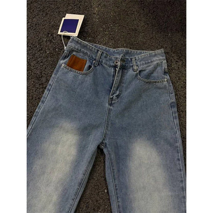 Jeans de pierna recta con parches azules vintage de verano 2026 para hombre, pantalones vaqueros casuales americanos con bolsillos marrones, estilo Y2K, streetwear