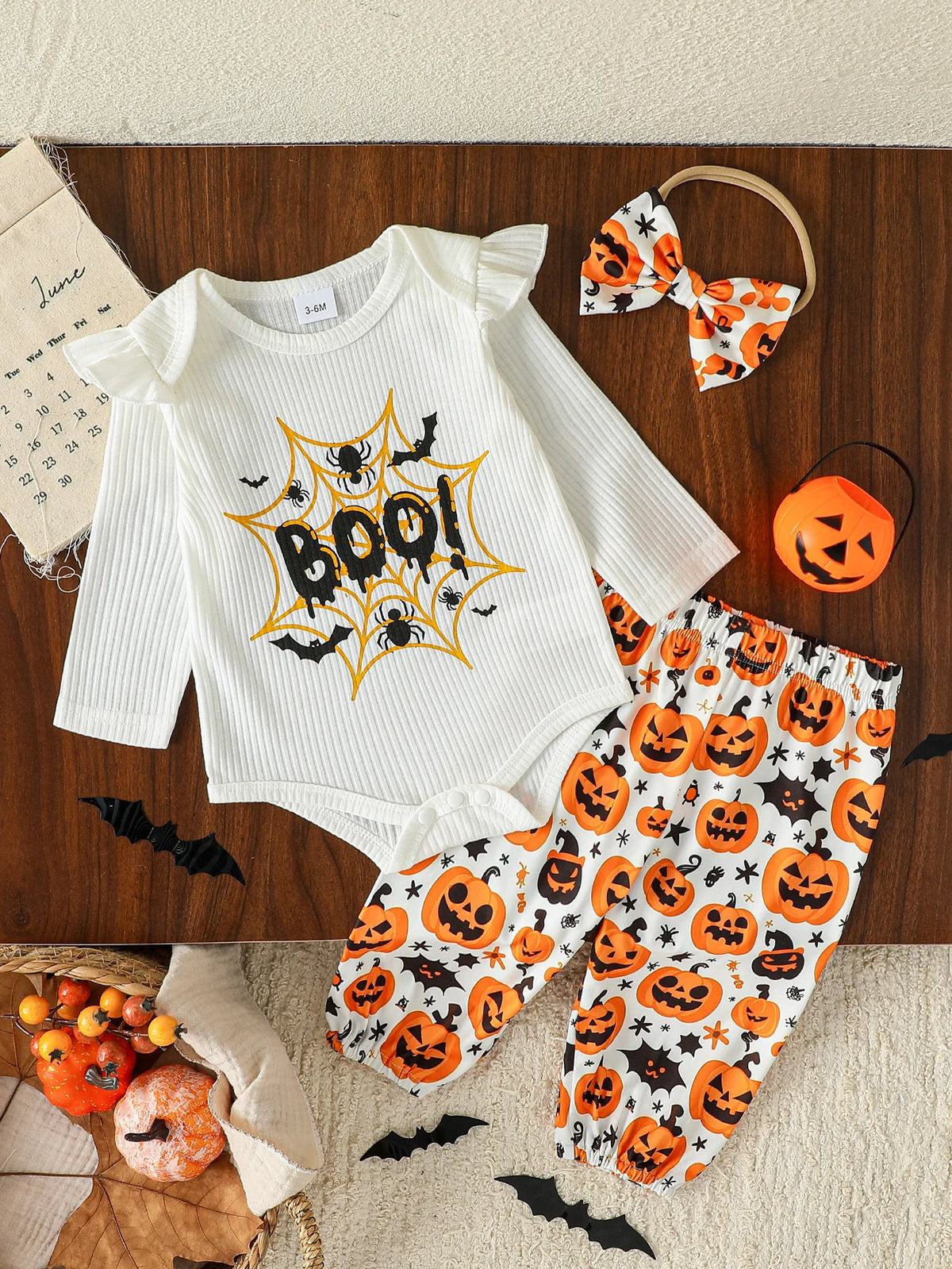 Pelele con letras estampadas de manga larga para otoño/otoño y trajes de Halloween, pantalón de calabaza para conjuntos de 0 a 1 año + diadema, 2 uds.