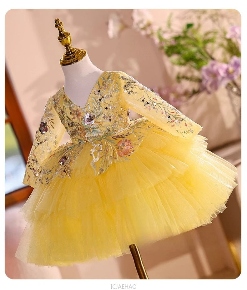 2025 Vestido de fiesta Vestido niños niñas vestidos de novia amarillos disfraz niños flor niña desfile Piano actuación tutú traje