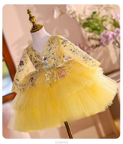 2025 Vestido de fiesta Vestido niños niñas vestidos de novia amarillos disfraz niños flor niña desfile Piano actuación tutú traje