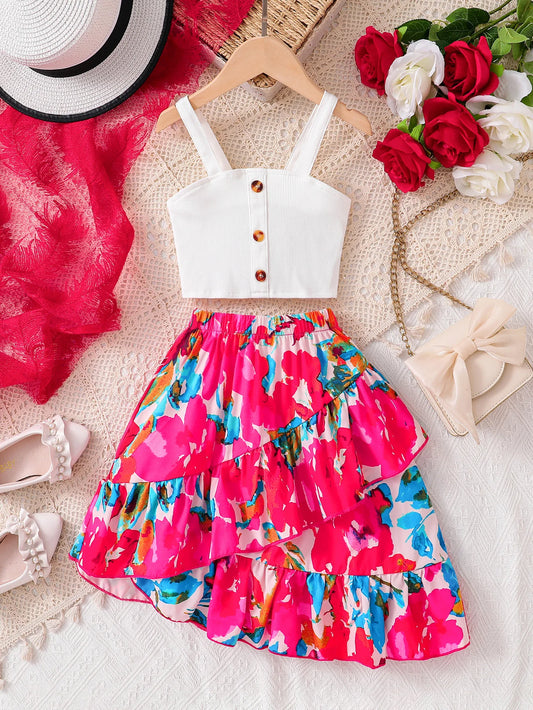 Conjunto de 2 piezas para niñas, traje de verano de moda, camisola corta con botones de punto de color sólido + falda con estampado floral con cintura elástica, ropa diaria informal y cómoda para niñas, ropa juvenil y ve