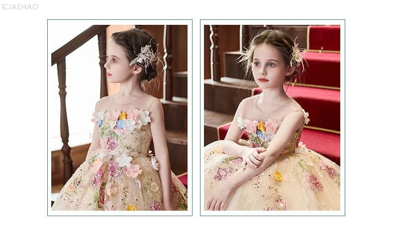 Vestido de fiesta de estilo francés para niñas con flores para el pequeño presentador Piano Recital flor niña boda niños vestido de desfile vestidos
