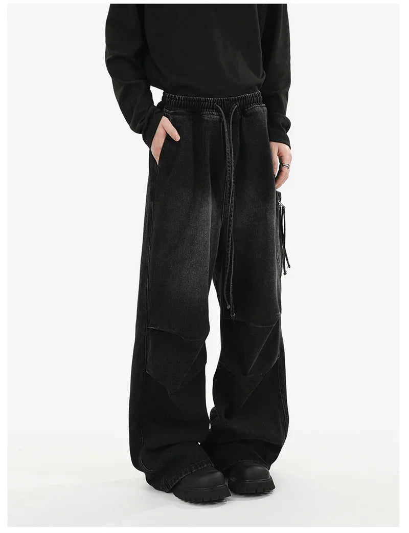 Pantalones vaqueros Cargo plisados de calle alta de otoño para Hombre, Pantalones vaqueros rectos de pierna ancha con bolsillo, moda Hip Hop Y2K, Vaqueros holgados