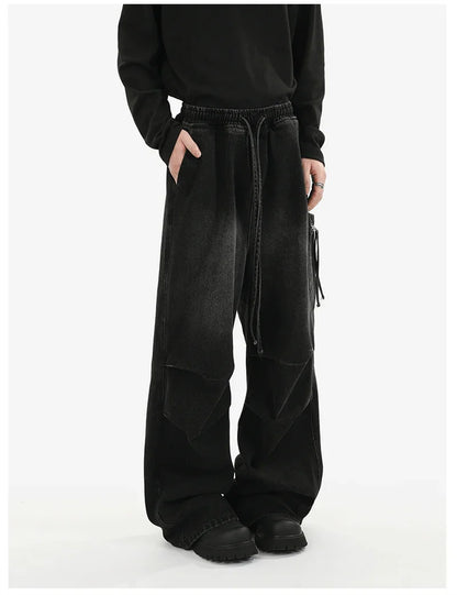 Pantalones vaqueros Cargo plisados de calle alta de otoño para Hombre, Pantalones vaqueros rectos de pierna ancha con bolsillo, moda Hip Hop Y2K, Vaqueros holgados