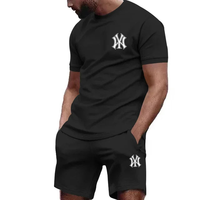 Nueva ropa deportiva de dos piezas para hombre, conjunto de camiseta y pantalones de manga corta, ropa deportiva para correr y fitness, superventas, 2025, verano