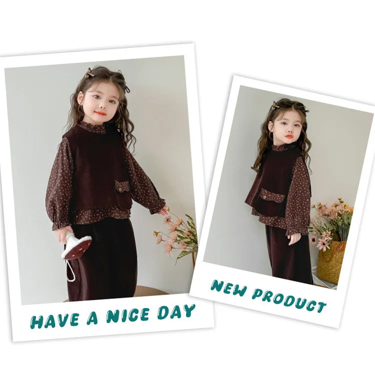 Ropa de moda para niñas 2025, otoño, nueva camisa Floral, chaleco y pantalones de Color sólido, conjunto de 3 piezas de pana