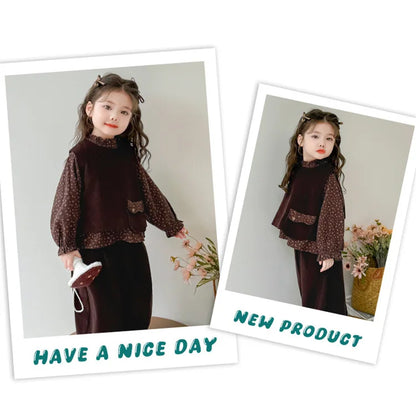Ropa de moda para niñas 2025, otoño, nueva camisa Floral, chaleco y pantalones de Color sólido, conjunto de 3 piezas de pana