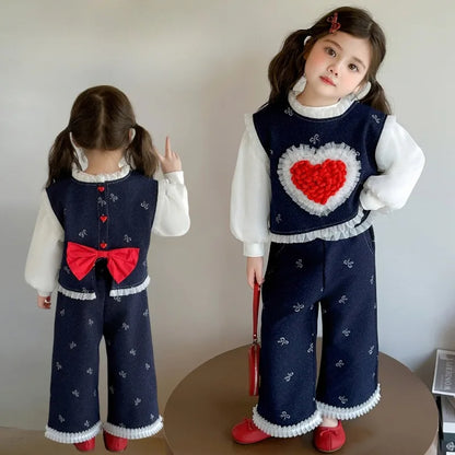 Conjunto de tres piezas con lazo grande de amor para niña, edición coreana de moda de primavera y otoño, ropa para niña