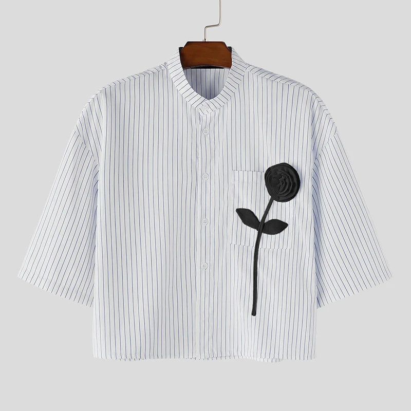 INCERUN-Camiseta para hombre con cuello alto y manga corta, Tops cortos a rayas con diseño de patchwork, ropa informal de verano holgada, ropa de moda para hombre 2026