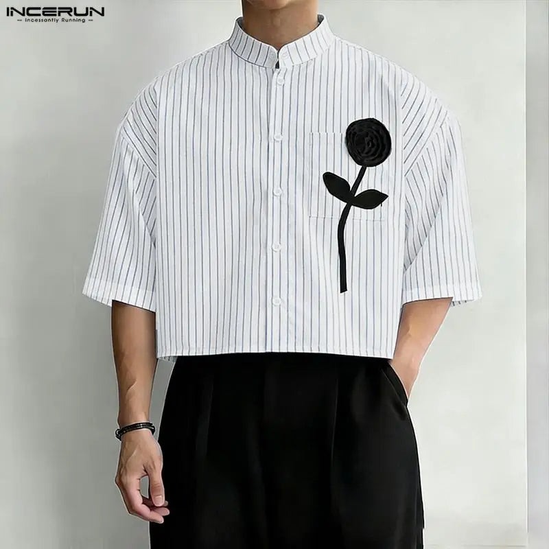 INCERUN-Camiseta para hombre con cuello alto y manga corta, Tops cortos a rayas con diseño de patchwork, ropa informal de verano holgada, ropa de moda para hombre 2026