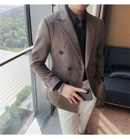 Chaqueta de ante con botones de doble botonadura para hombre, traje de negocios informal, ropa de calle Social, otoño e invierno, 2023