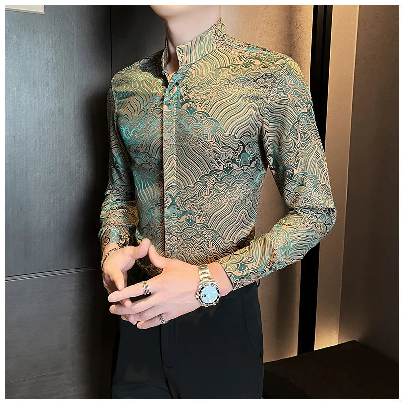Camisas estampadas de manga larga con cuello levantado para primavera y otoño, camisa informal de moda para hombre de estilo chino Formal Social de negocios