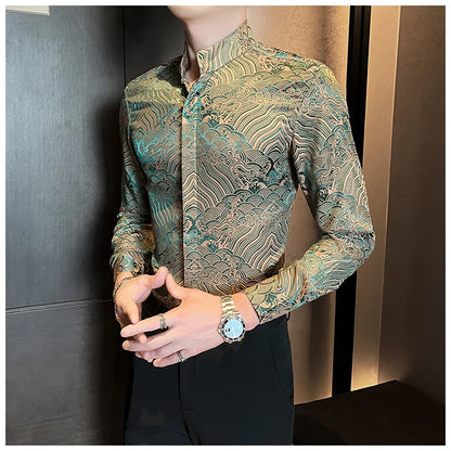 Camisas estampadas de manga larga con cuello levantado para primavera y otoño, camisa informal de moda para hombre de estilo chino Formal Social de negocios