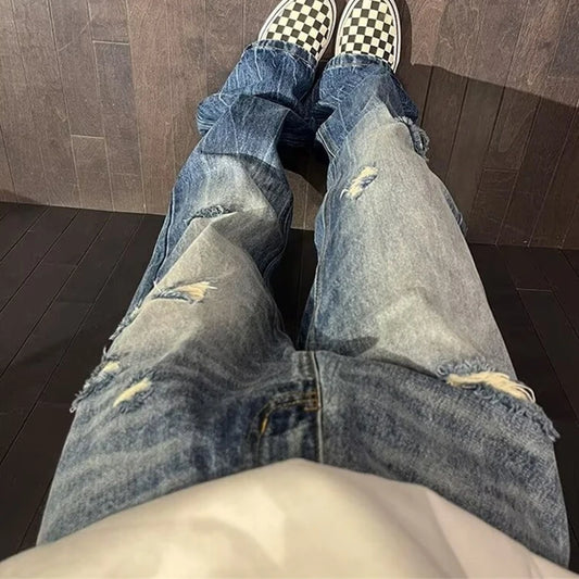 Pantalones vaqueros holgados rasgados a la moda Hip Hop para hombre, ropa de calle Vintage Y2K, pantalones vaqueros de pierna recta, vaqueros azules desgastados lavados, otoño