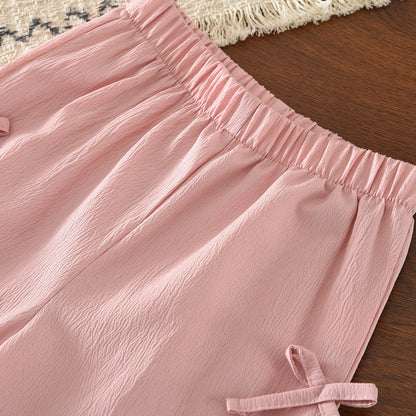 Conjunto de Dos Piezas de Verano para Niña de 3 a 7 Años, Estilo Coreano, Dulce y Lindo, Blusa con Mangas Abullonadas y Lazo + Pantalones