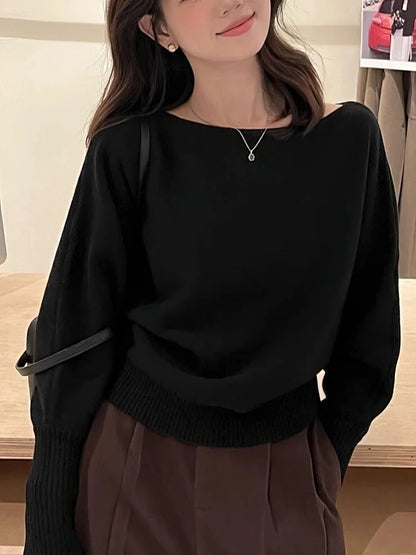 Jersey de punto de manga larga con alas de murciélago para mujer, Top grueso con hombros descubiertos de 300g, suéter de moda coreana, prendas de vestir informales holgadas de otoño