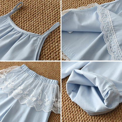 Conjunto Casual Azul Dulce y Lindo Estilo Coreano con Top de Tirantes de Encaje y Pantalones Anchos de Dos Piezas para Niñas de 3 a 7 Años para el Verano