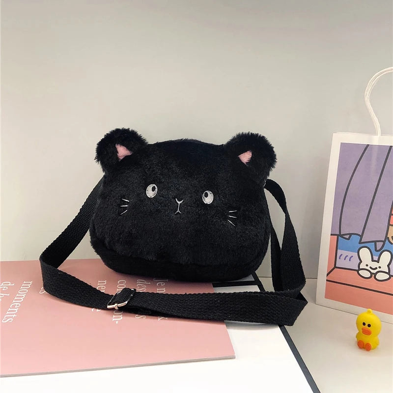 Bolso de hombro de felpa suave para niños, bolsos cruzados peludos, monedero, lindo, Gato de dibujos animados, moda de invierno