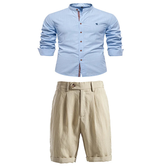 Nuevo Conjunto de Camisa y Pantalones Cortos de Algodón Casual de Negocios para Hombre de Verano, Pantalones de Cinco Puntos con Cintura Elástica, Conjunto de 2 Piezas para Hombre