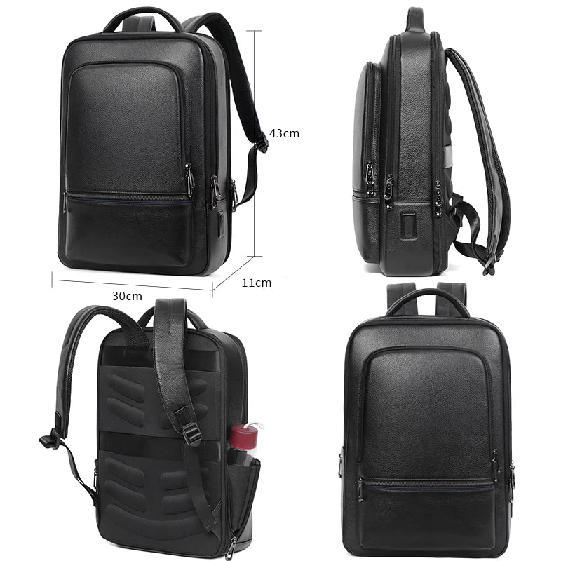 Mochila 100% de cuero de vaca Natural para ordenador portátil de 15,6 pulgadas, Mochila USB para hombre, bolso de viaje de cuero genuino, Mochila grande para niños