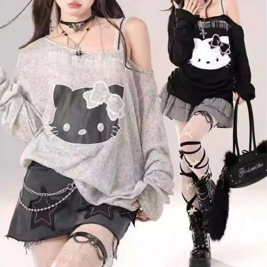Sanrio Hello Kitty-Camiseta con cubierta de protección solar para mujer, camiseta transparente con hombros descubiertos, versión coreana, Top versátil