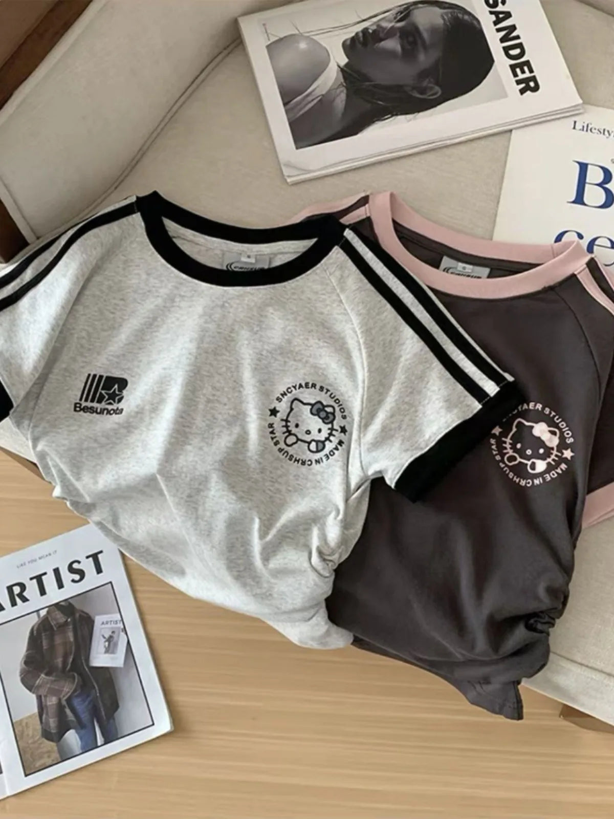 Sanrios HelloKitty, Camiseta de manga corta para niña, Camiseta de algodón puro con dibujos animados de primavera y verano, chaqueta para chicas calientes a rayas Kawaii Y2K para niños