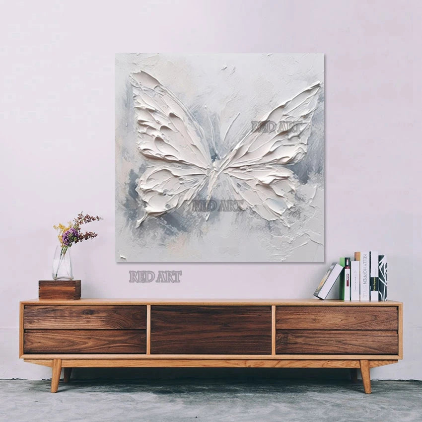 Cuchillo, espesor de textura, cuadro de mariposa acrílico blanco, pintura, lienzo moderno, arte de pared, Panel artesanal hecho a mano