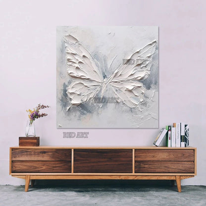 Cuchillo, espesor de textura, cuadro de mariposa acrílico blanco, pintura, lienzo moderno, arte de pared, Panel artesanal hecho a mano
