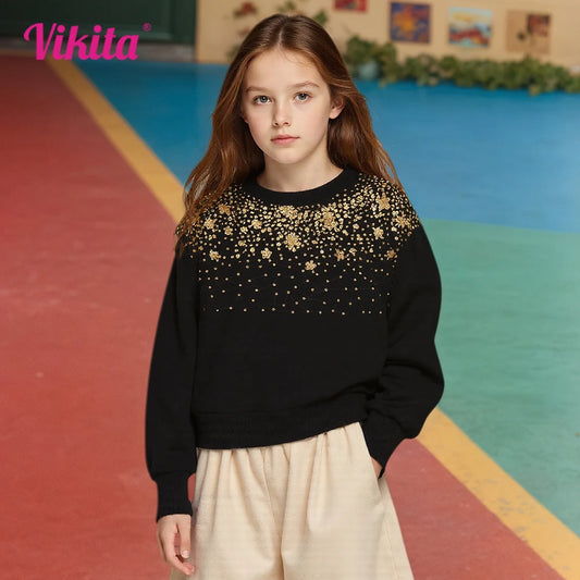 VIKITA-sudaderas estrelladas doradas para niñas, ropa deportiva para adolescentes, Tops informales de algodón suave, sudaderas para niños, disfraces
