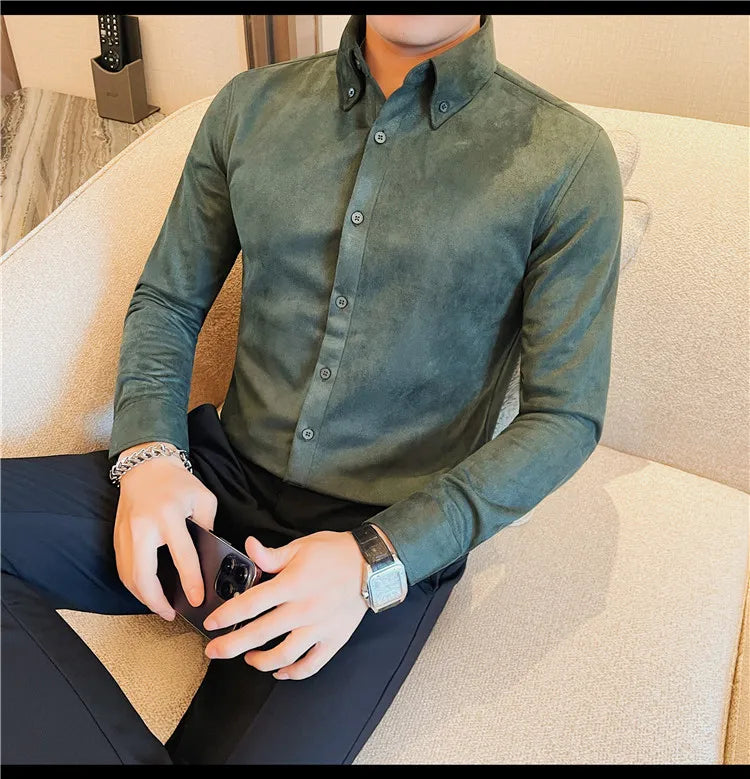 Camisa de ante de alta calidad para hombre, camisas de negocios informales de manga larga para otoño e invierno, blusa de esmoquin para fiesta Social, ropa para hombre 2023
