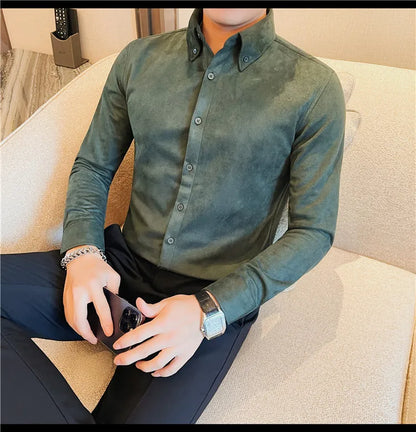 Camisa de ante de alta calidad para hombre, camisas de negocios informales de manga larga para otoño e invierno, blusa de esmoquin para fiesta Social, ropa para hombre 2023