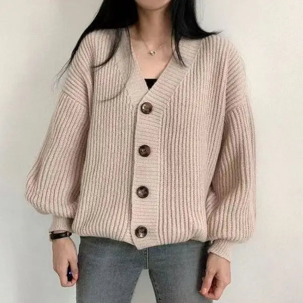 Retro nuevo suéter versátil abrigo superior Color sólido linterna perezosa suelta