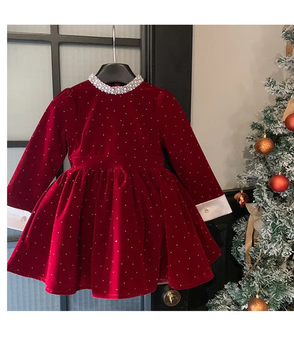 Vestido de Terciopelo Brillante para Niñas, Edición Primavera Otoño Invierno 2026, Vestido de Princesa con Cuello de Perlas