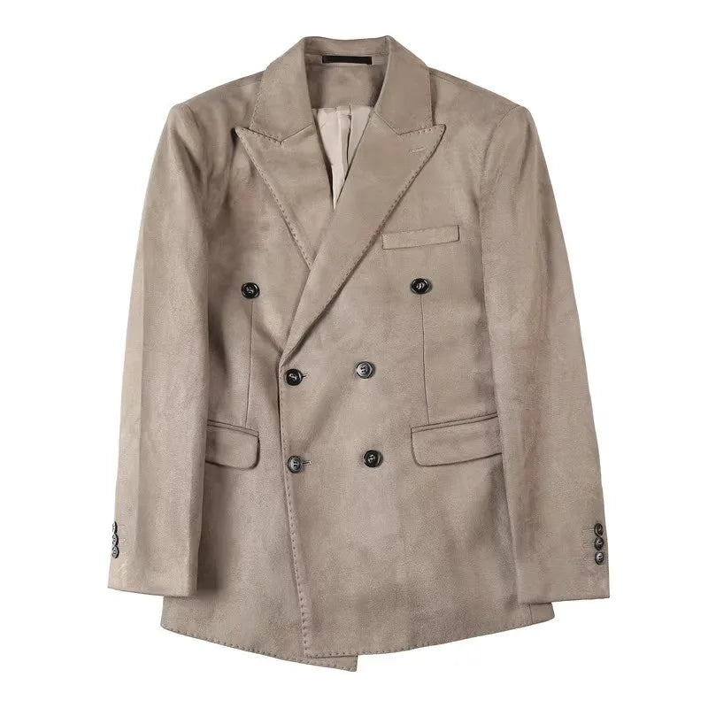 Chaqueta de ante con botones de doble botonadura para hombre, traje de negocios informal, ropa de calle Social, otoño e invierno, 2023