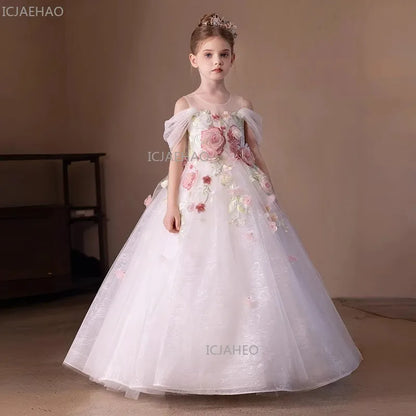 Vestido de Fiesta Blanco para Niña, Modelo 2026, con Flores, para Bodas, Cumpleaños, Eventos, Presentaciones, Piano, Princesa, Celebraciones Formales