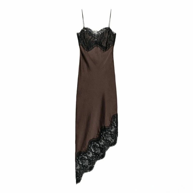 Vestido Asimétrico Satinado para Mujer | Strapless, Detalles de Encaje y Corte Recto Elegante