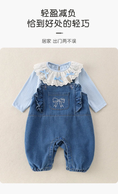 Conjunto de 2 piezas de lujo coreano para niña, conjunto de camiseta y camiseta a la moda con cuello de encaje, pelele elegante de Estilo Princesa, traje de otoño