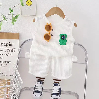 Ropa de oso para niños y niñas, chaleco de cuello redondo, pantalones cortos, chándales de dibujos animados para niños pequeños, moda de verano, nuevo conjunto de 2 piezas