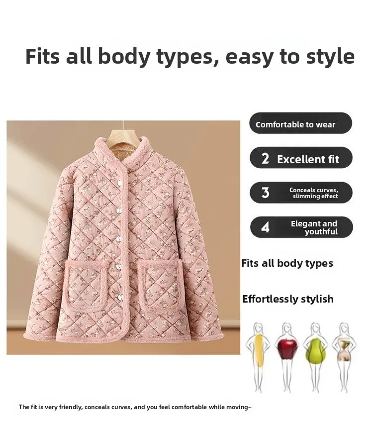 Chaqueta de algodón con estampado floral y forro polar grueso para mujeres de mediana edad y mayores, ropa de abrigo cálida p...