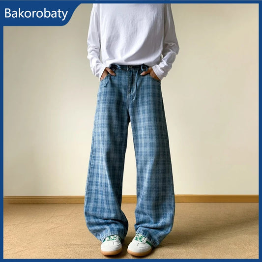Pantalones Vaqueros Anchos a Cuadros para Hombre, Estilo Urbano, Verano 2026, Casuales, Retro, Rectos, Holgados, Estilo Y2K, Jeans de Moda Hip Hop 2026