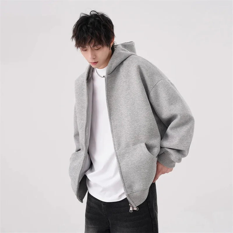 Sudaderas con capucha y cremallera de Color liso para hombre, sudaderas con capucha de moda de venta al por menor Retro, chándal informal de algodón de gran tamaño, novedad de 2026