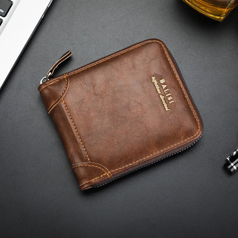 Nueva cartera de moda para hombre, monedero de cuero PU con cremallera, billeteras cortas de estilo Retro para hombre, tarjeteros, almacenamiento de monedas, monedero