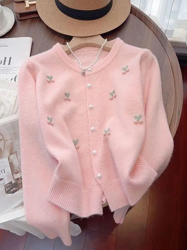 Cárdigan de punto suave y dulce para mujer, cuello redondo, versátil, estilo coreano, suéter de manga larga, abrigo, moda de ...