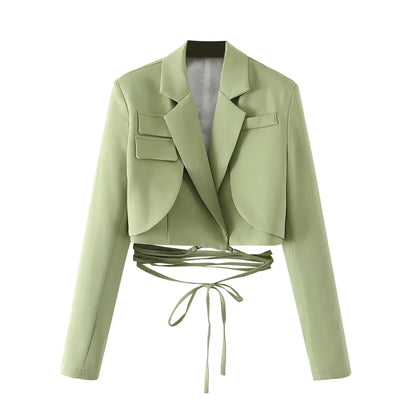 Early Autumn Women's Cross-Belted Slim Fit Short Suit Jacket Fashionable Business Casual Style Long Sleeve Commute Friendly